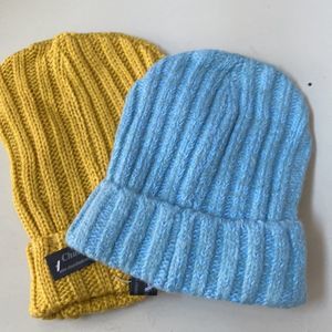 Two pack knit caps blue and mustard